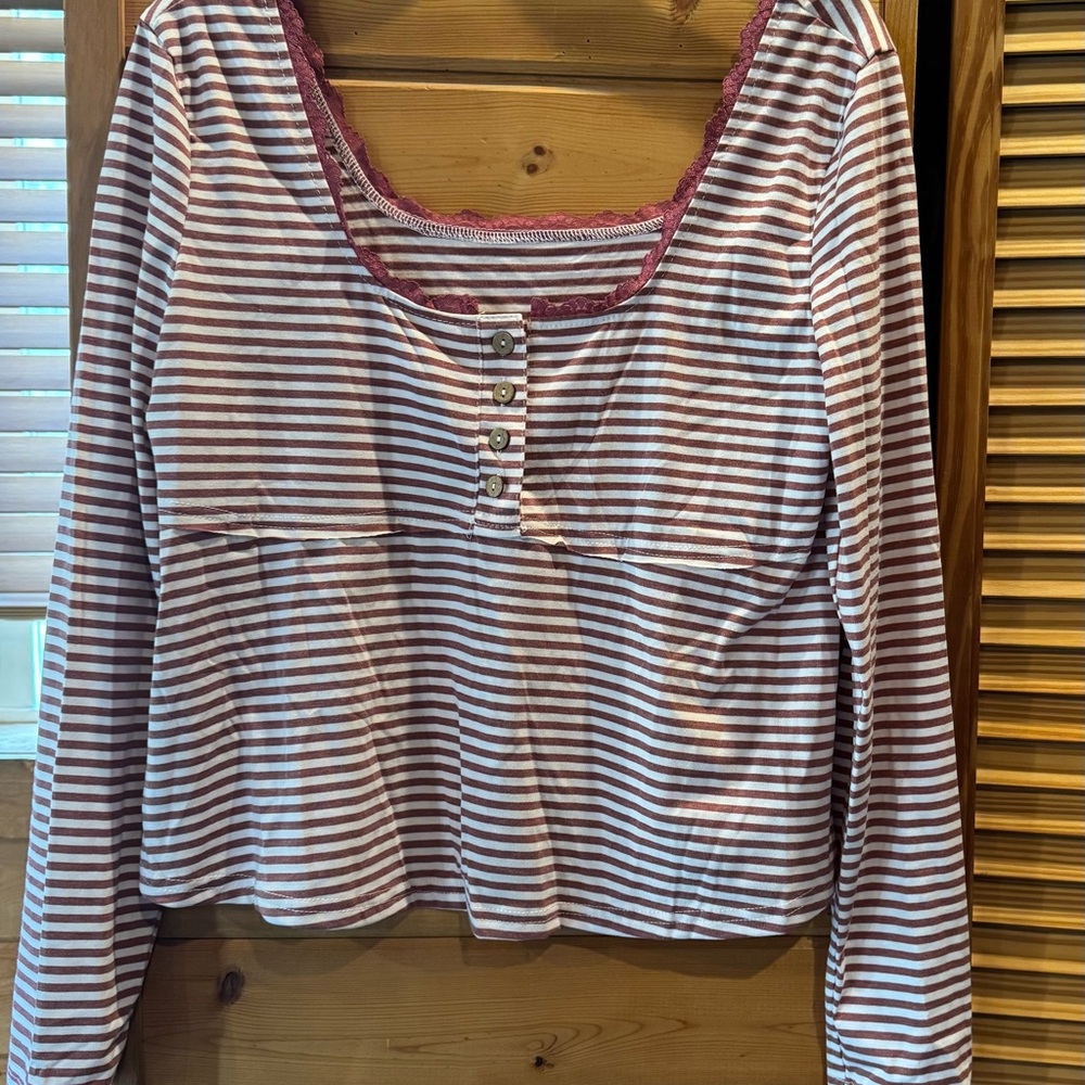 SHEIN Striped Long Sleeve Top - Pink and White